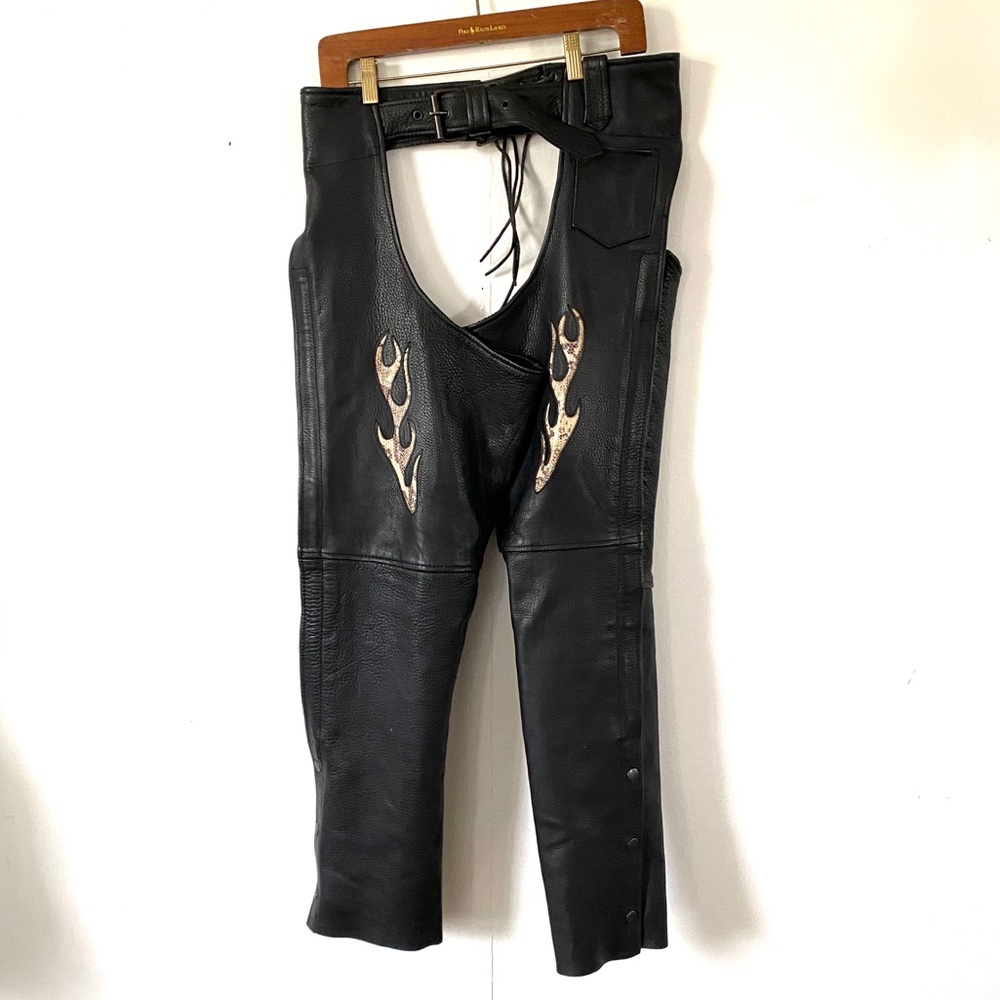 Motorcycle Jacket Chaps Black Leather Flame Snake - Picture 11 of 16